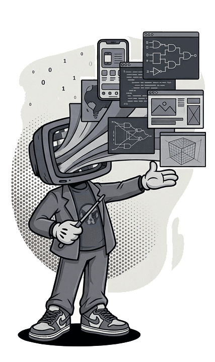 Illustration of a systems architect presenting code, interfaces, and technical diagrams
